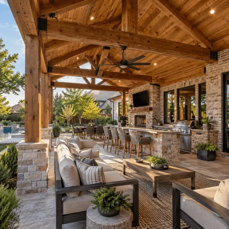 Cedar Patio Covers Denton TX - Outdoor Kitchen Cedar patio cover and outdoor kitchen at a North Texas home
