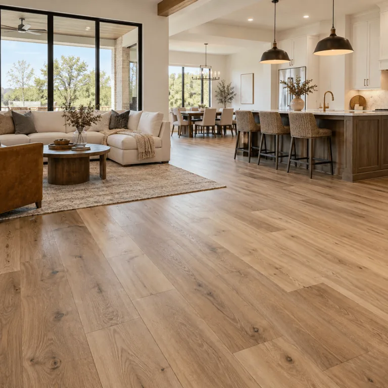 Flooring Denton TX - Wide-Plank Flooring in Open-Plan Home Wide-plank flooring installed throughout an open-plan home