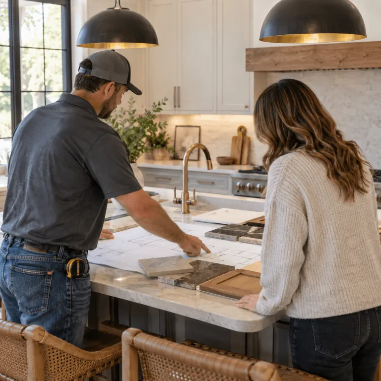 In-Home Remodeling Consultation Denton TX - Contractor and Homeowner Reviewing Plans Contractor and homeowner reviewing plans during an in-home remodeling consultation
